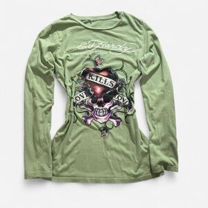 Ed Hardy Light Green Long-Sleeve Graphic Tee with 'Love Kills' Skull